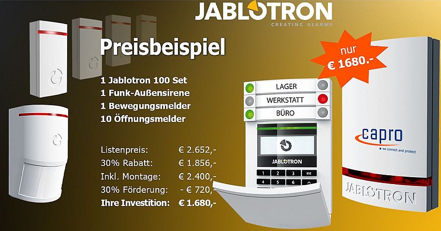 Jablotron Alarmanlage Set mit Bedienteil, Außensirene, 1 Bewegungsmelder, 10 Öffnungsmelder inkl. Montage um nur € 1690,- nach Förderung vom Land NÖ