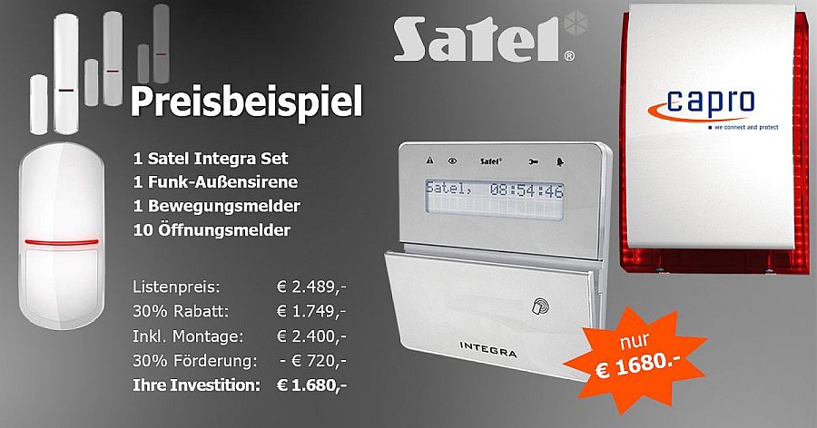 Satel Integra Alarmanlagen-Set mit 1 Bewegungsmelder, 10 Öffnungsmelder, Außensirene inkl. Montage um nur € 1690,- nach Förderung vom Land NÖ